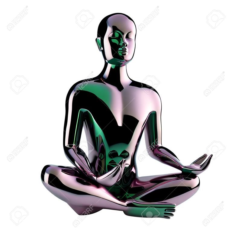 Yoga man meditating lotus pose stylized glossy statue. Mind body soul spirit balance icon concept. Human character peaceful nirvana symbol. 3d illustration isolated