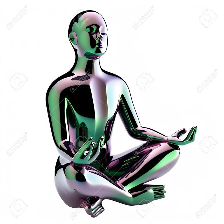 Yoga man meditating lotus pose stylized glossy statue. Mind body soul spirit balance icon concept. Human character peaceful nirvana symbol. 3d illustration isolated