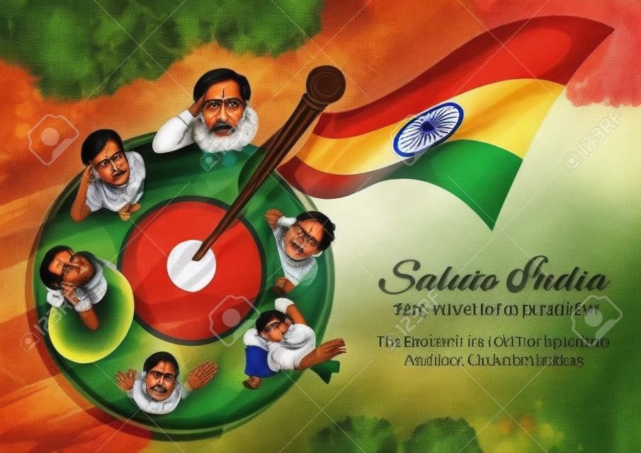 Popolo indiano che saluta bandiera dell'India con orgoglio