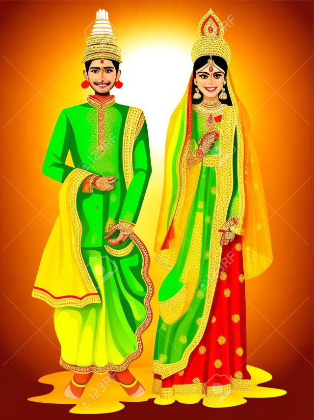 易於編輯印度西孟加拉邦傳統服飾的孟加拉新婚夫婦的矢量圖