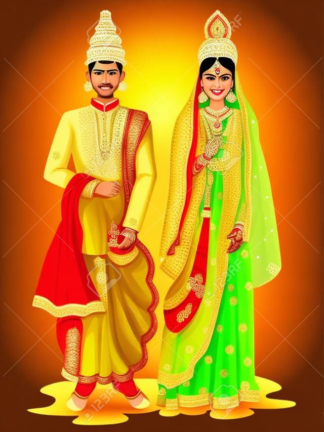 西ベンガル、インドの伝統的な衣装でベンガルの結婚式のカップルのベクトルイラストを編集するのは簡単