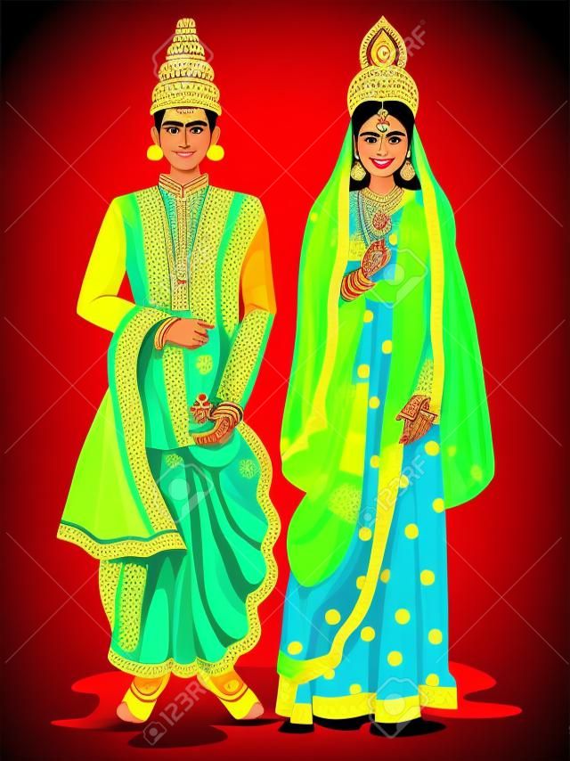 easy to edit vector illustration of Bengali wedding couple in traditional costume of West Bengal, India