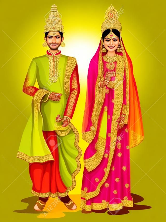 easy to edit vector illustration of Bengali wedding couple in traditional costume of West Bengal, India