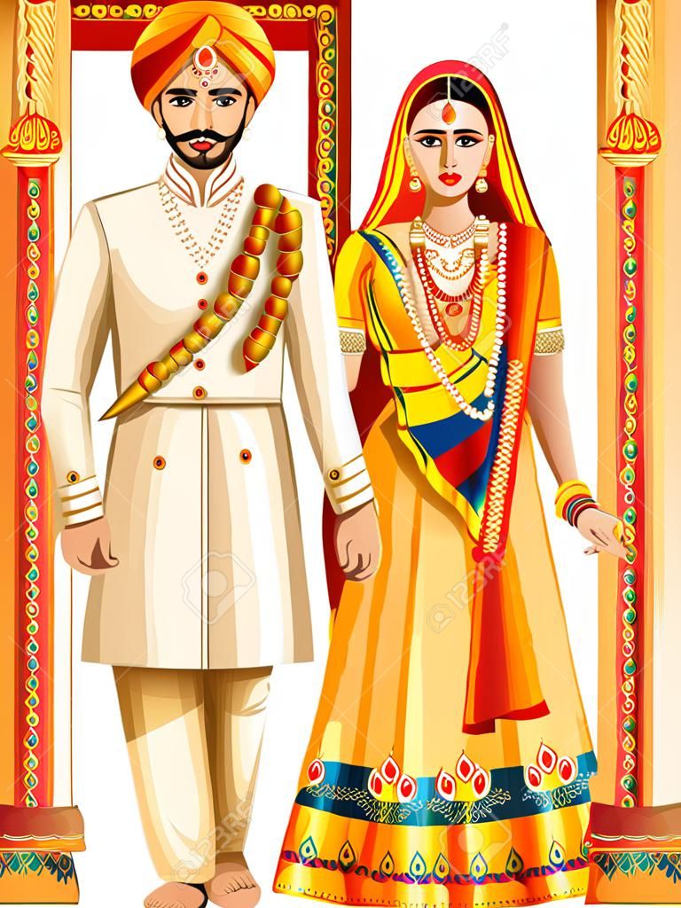 fácil de editar a ilustração vetorial de casal de noivos Rajasthani em traje tradicional do Rajastão, Índia