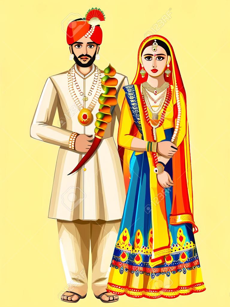 fácil de editar a ilustração vetorial de casal de noivos Rajasthani em traje tradicional do Rajastão, Índia