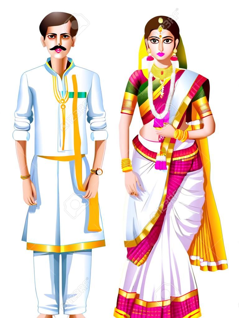 Tamil ślubna para w tradycyjnych strojach Tamil Nadu w Indiach