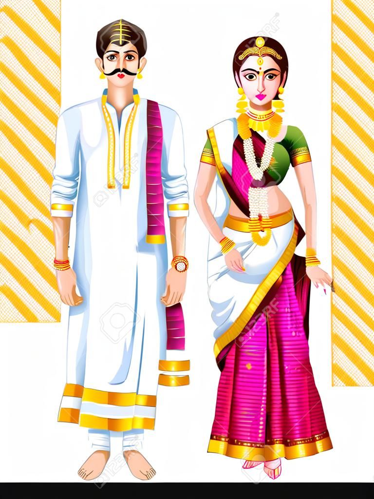 Тамильская свадебная пара в традиционных костюмах Тамил Наду, Индия