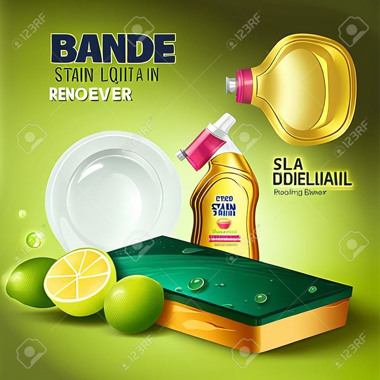 Striscione pubblicitario di liquido smacchiatore resistente. Lavastoviglie per utensili puliti e freschi