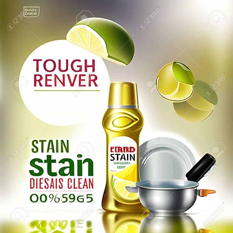 堅韌的去污劑液體洗碗機的廣告橫幅，用於清潔和新鮮的餐具