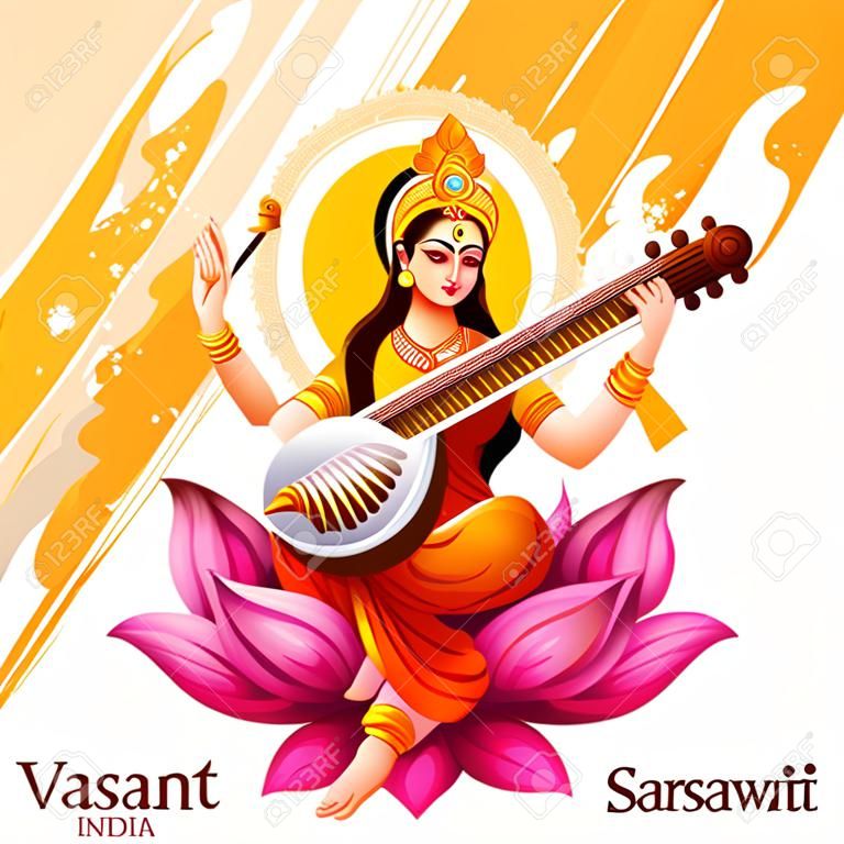 인도의 Vasant Panchami Puja를 위한 여신 Saraswati의 그림