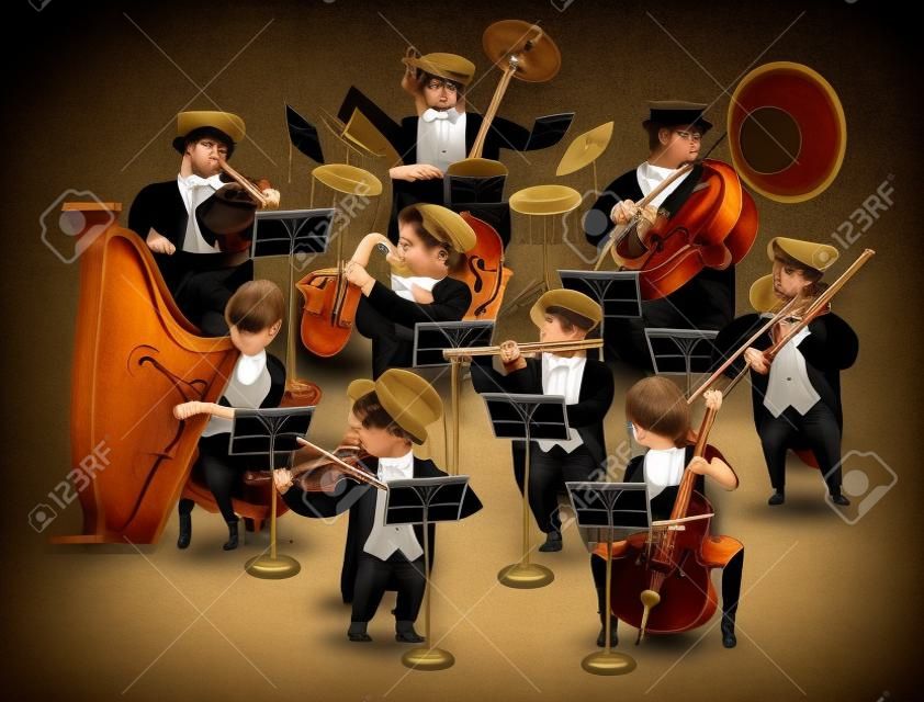 Mensen in muzikanten pit spelen in klassiek symfonisch orkest op allerlei instrumenten