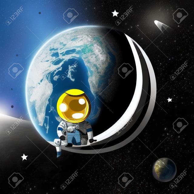 Illustrazione con un astronauta posti a sedere sulla luna nello spazio esterno guardando giù al pianeta Terra.