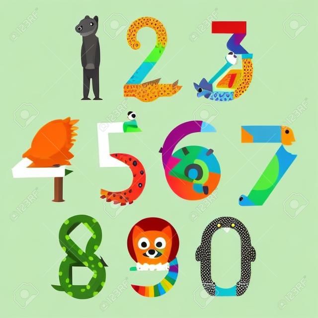 Набор животных в форме цифр от 0 до 9. Векторные иллюстрации для начального образования.