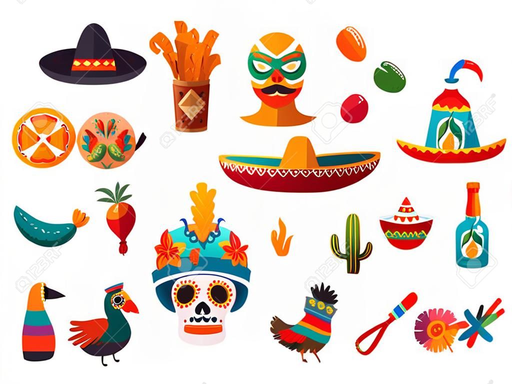 Set of stickers with Mexican characters, items and foods, sombrero hat and birthday piÃ±ata. Vector images for your cards and party invitations