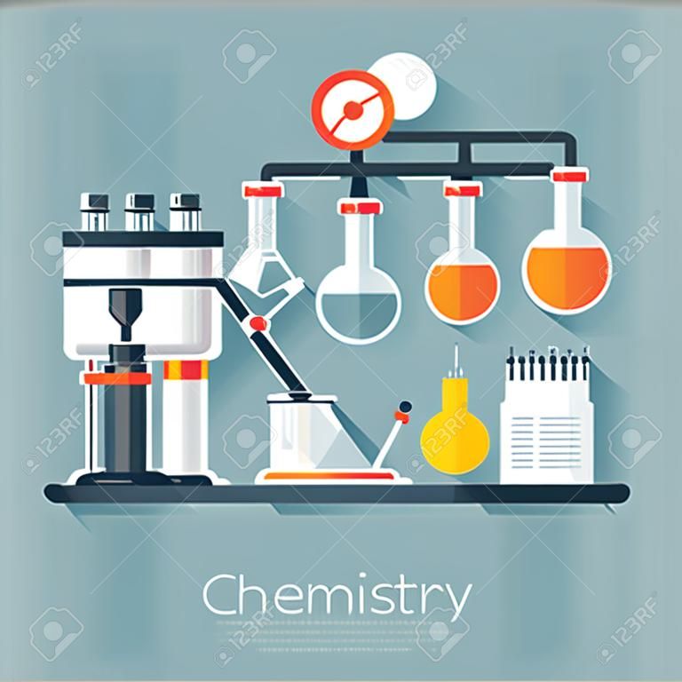 Chemistry education research laboratory equipment. Flat style with long shadows. Modern trendy design. Vector illustration.
