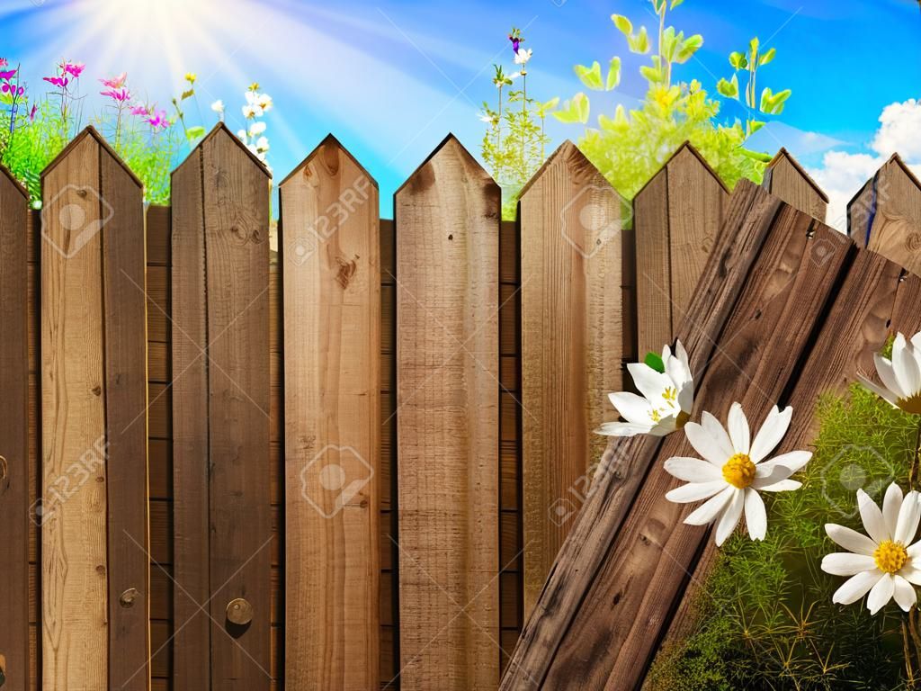 valla de madera sobre el patio con sol y cielo