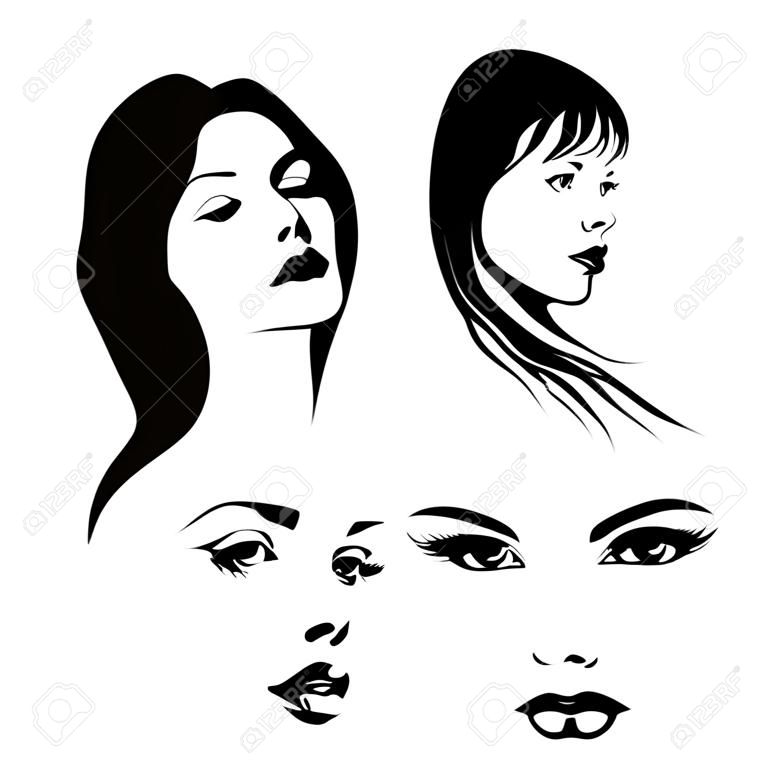 抽象的な女性直面する黒と白のシルエット セット
