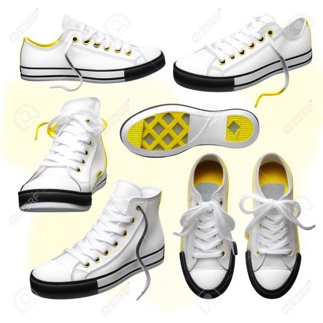 set con scarpe da ginnastica gialle isolato su bianco