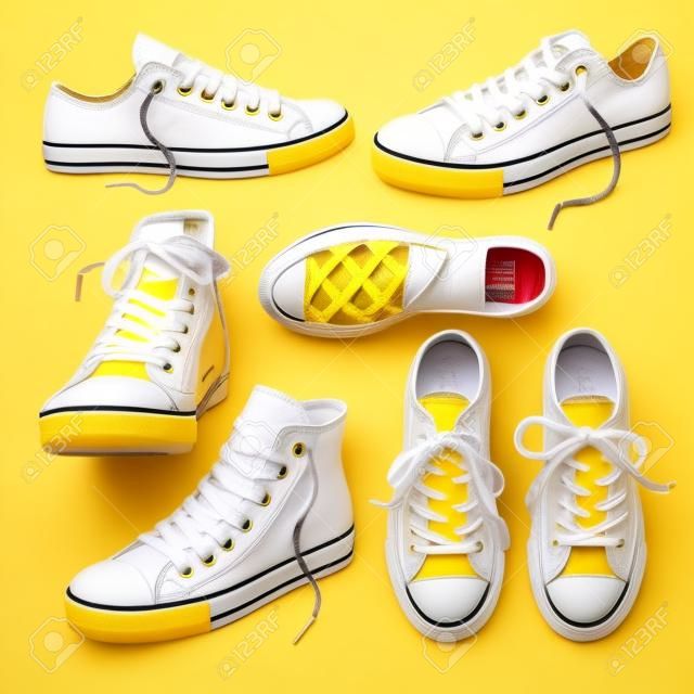 set con scarpe da ginnastica gialle isolato su bianco