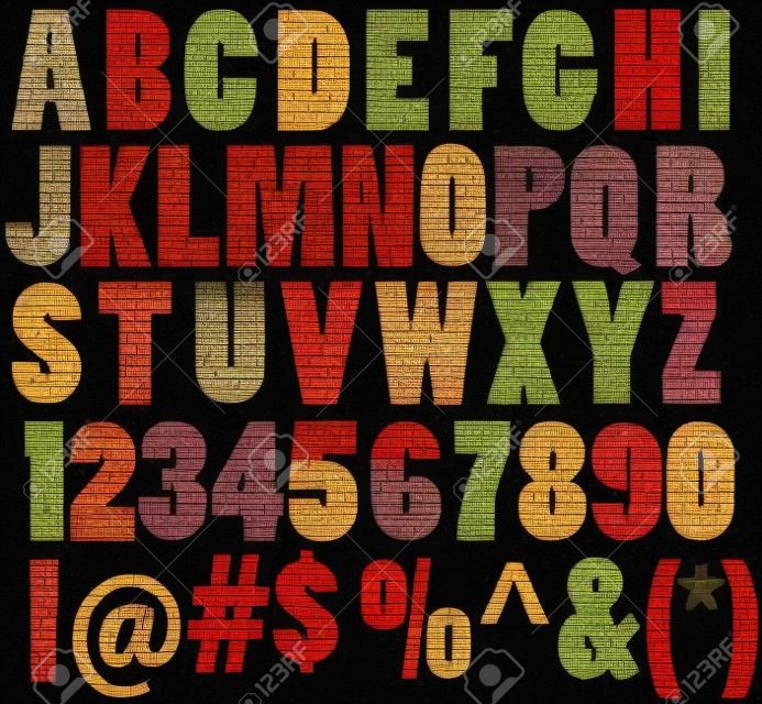 Brick strukturierte ABC mit Buchstaben, Zahlen, Zeichen und Symbole auf schwarzem Hintergrund