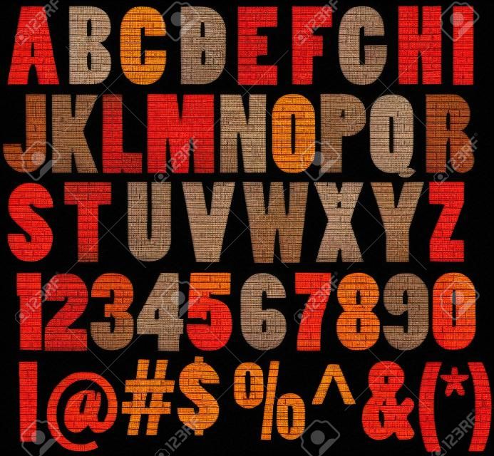 Brick strukturierte ABC mit Buchstaben, Zahlen, Zeichen und Symbole auf schwarzem Hintergrund