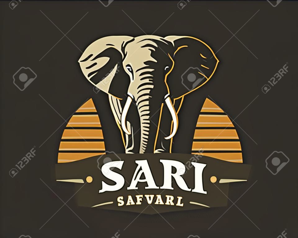 非洲野生動物園大象徽標插圖，在深色背景上的標誌設計