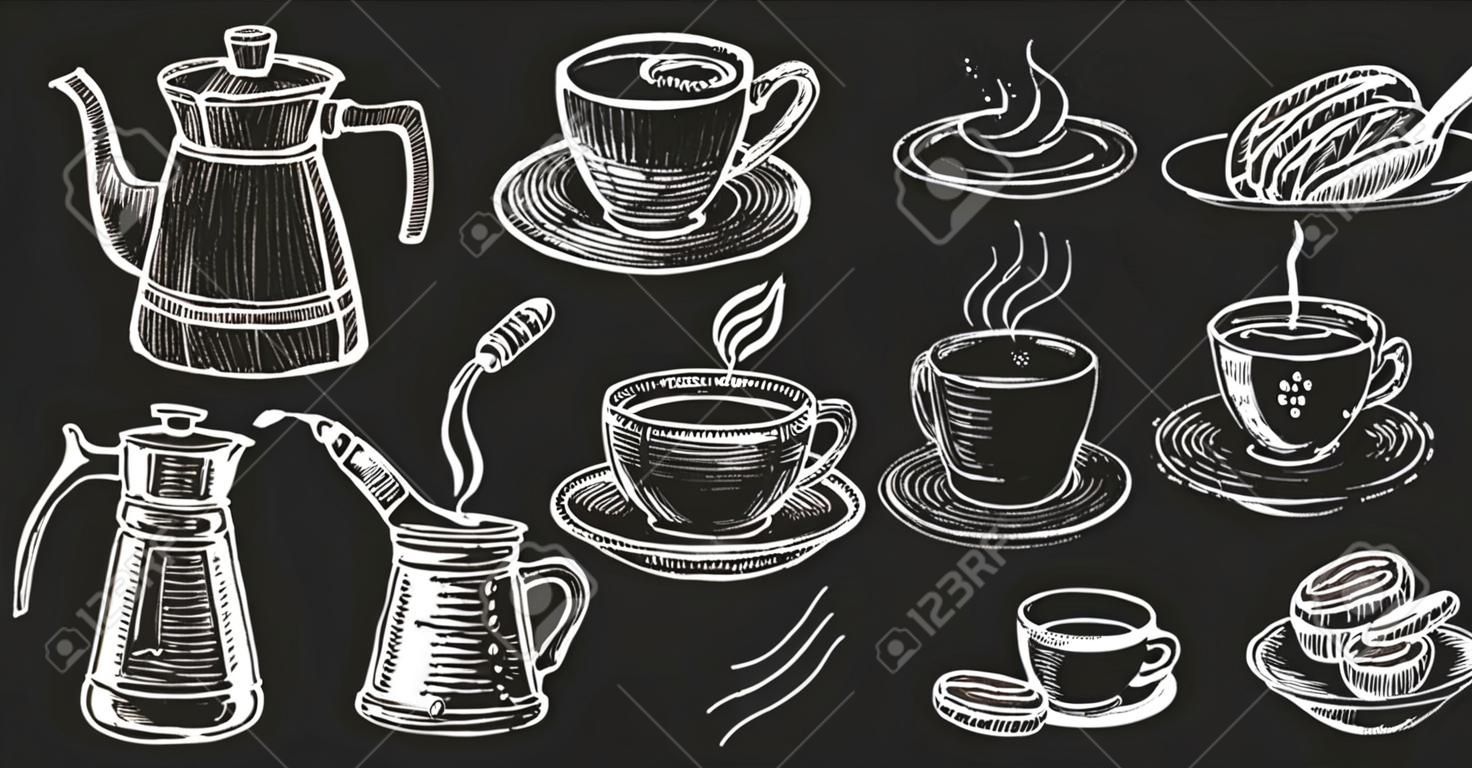 Set of coffee menu in retro style drawing with chalk on chalkboard background.