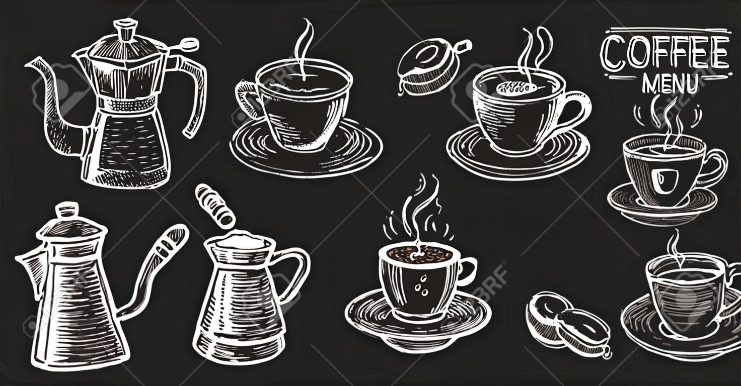 Set of coffee menu in retro style drawing with chalk on chalkboard background.