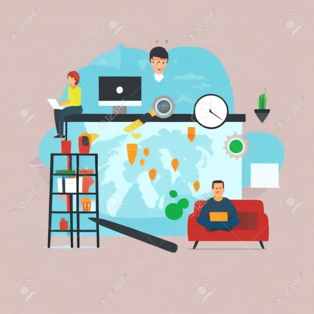 Freelance. Remote work. Team working. Home Office. Flat design vector illustration.