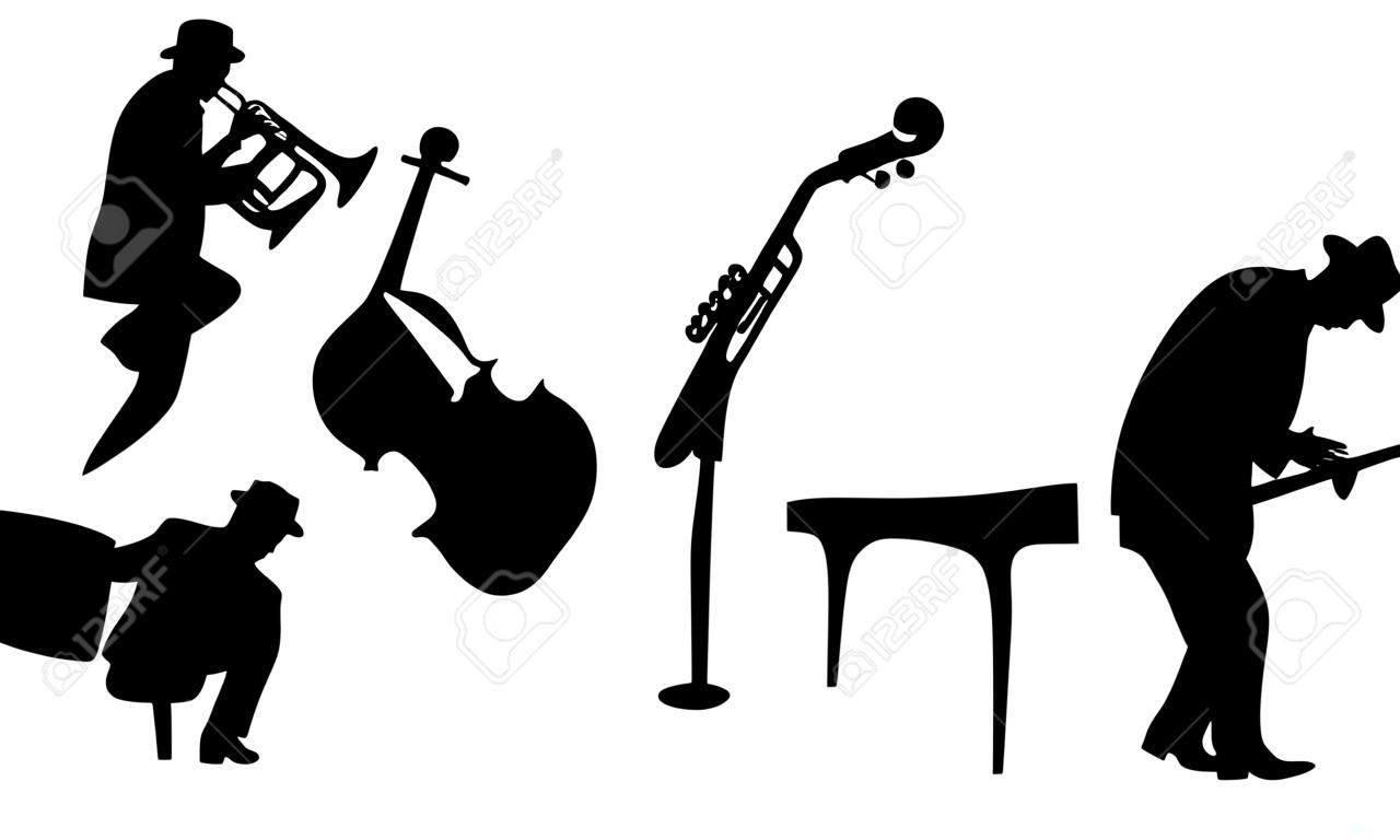 Джаз Трио музыкантов, изолированных на белом фоне. Силуэты иллюстрации
