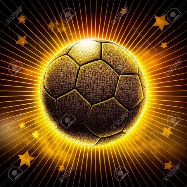 Bal, voetbal. Voetbalbal. Voetbal winnaar. Goud voetbal, voetbal behang. Goud voetbal en sterren lichtstralen op zwarte achtergrond. Voetbal achtergrond met lichtstralen.