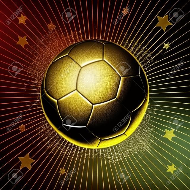 Bal, voetbal. Voetbalbal. Voetbal winnaar. Goud voetbal, voetbal behang. Goud voetbal en sterren lichtstralen op zwarte achtergrond. Voetbal achtergrond met lichtstralen.