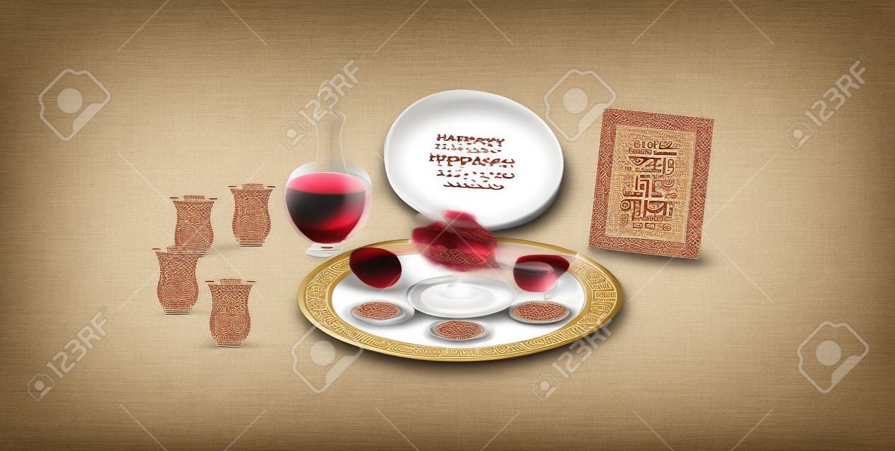 Happy Passover Holiday - przetłumacz hebrajski napis, kartkę z życzeniami z czterema kieliszkami do wina, macy - żydowski tradycyjny chleb na seder paschalny, talerz brzoskwiniowy, modlitewnik