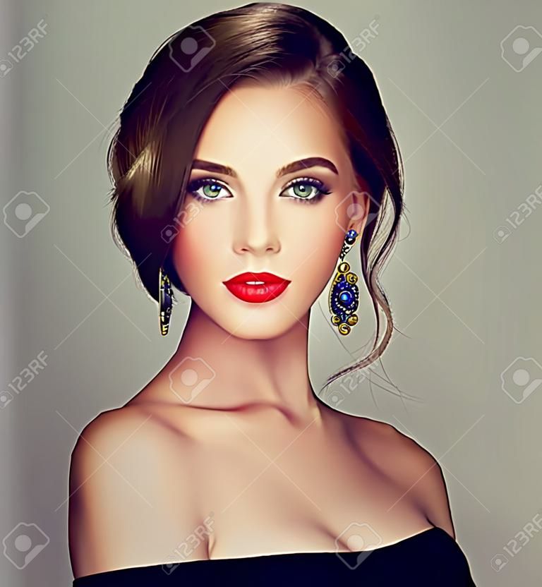 Portrait of young, brown haired beautiful woman with long, well groomed hair gathered in elegant evening hairstyle. Hairdressing art, hair care and beauty products.
