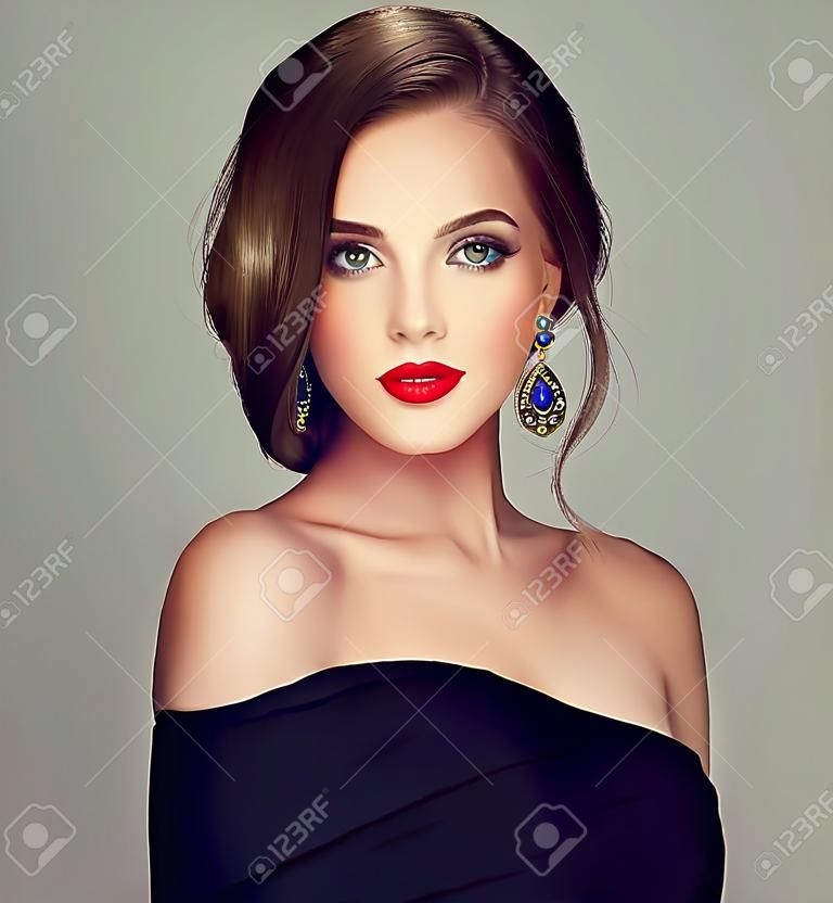 Portret van jonge, bruinharige mooie vrouw met lang, goed verzorgd haar verzameld in elegante avond kapsel. Kapperkunst, haarverzorging en schoonheidsproducten.