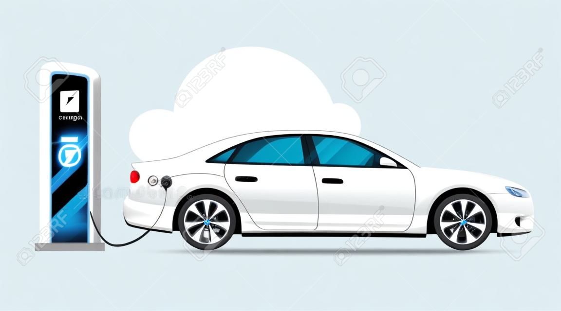 Electric car charging station and banner isolated on white background Vector Illustration. Electricity eco new technology cars of the future, a symbol for your projects.