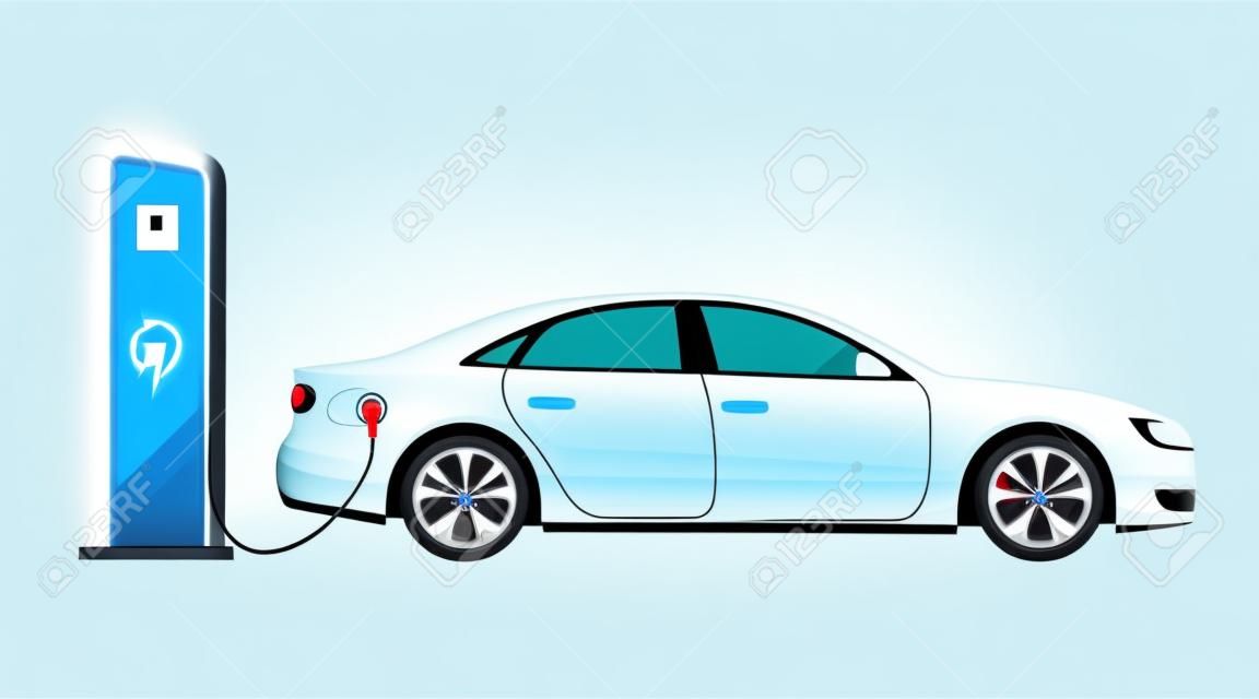 Electric car charging station and banner isolated on white background Vector Illustration. Electricity eco new technology cars of the future, a symbol for your projects.