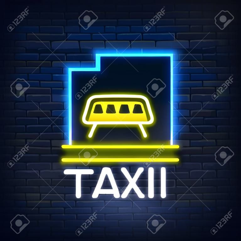 在磚背景上孤立的矢量霓虹燈出租車徽標。剪影徽章發光的出租車。設計出租車品牌的夜間廣告牌。
