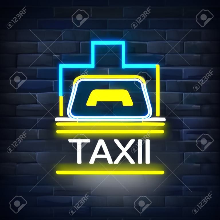 在磚背景上孤立的矢量霓虹燈出租車徽標。剪影徽章發光的出租車。設計出租車品牌的夜間廣告牌。