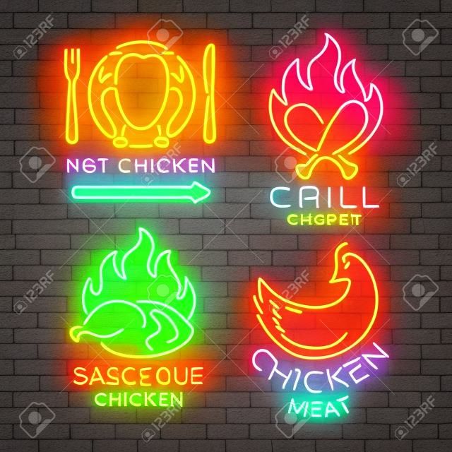 Definir logotipo, sinais, banners de frango em estilo neon para uma mercearia e restaurantes. Sinal de néon, publicidade brilhante noite. Frango churrasco, frango grelhado. Ilustração vetorial.