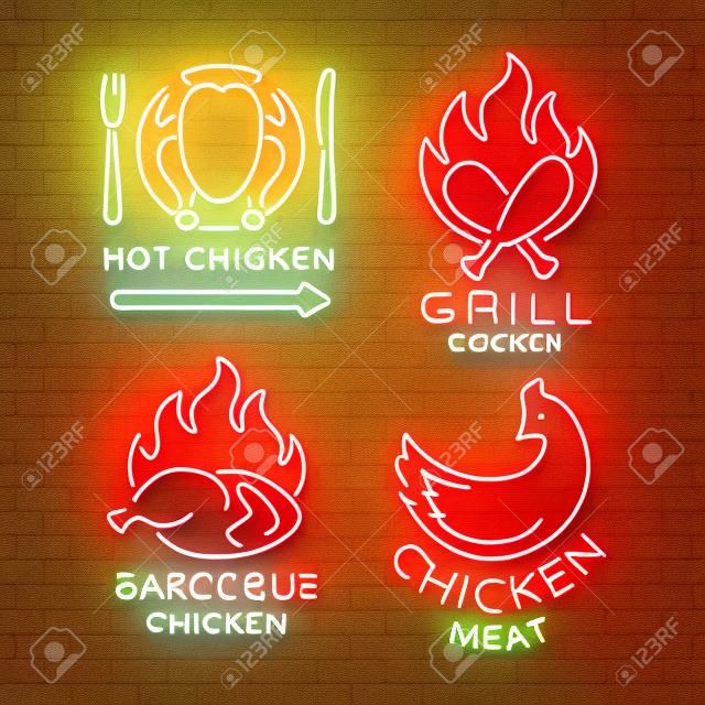 Set logo, signs, banners chicken in neon style for a grocery store and restaurants. Neon sign, night bright advertisement. Barbecue chicken, grilled chicken. Vector illustration.