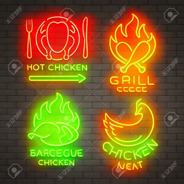 Definir logotipo, sinais, banners de frango em estilo neon para uma mercearia e restaurantes. Sinal de néon, publicidade brilhante noite. Frango churrasco, frango grelhado. Ilustração vetorial.
