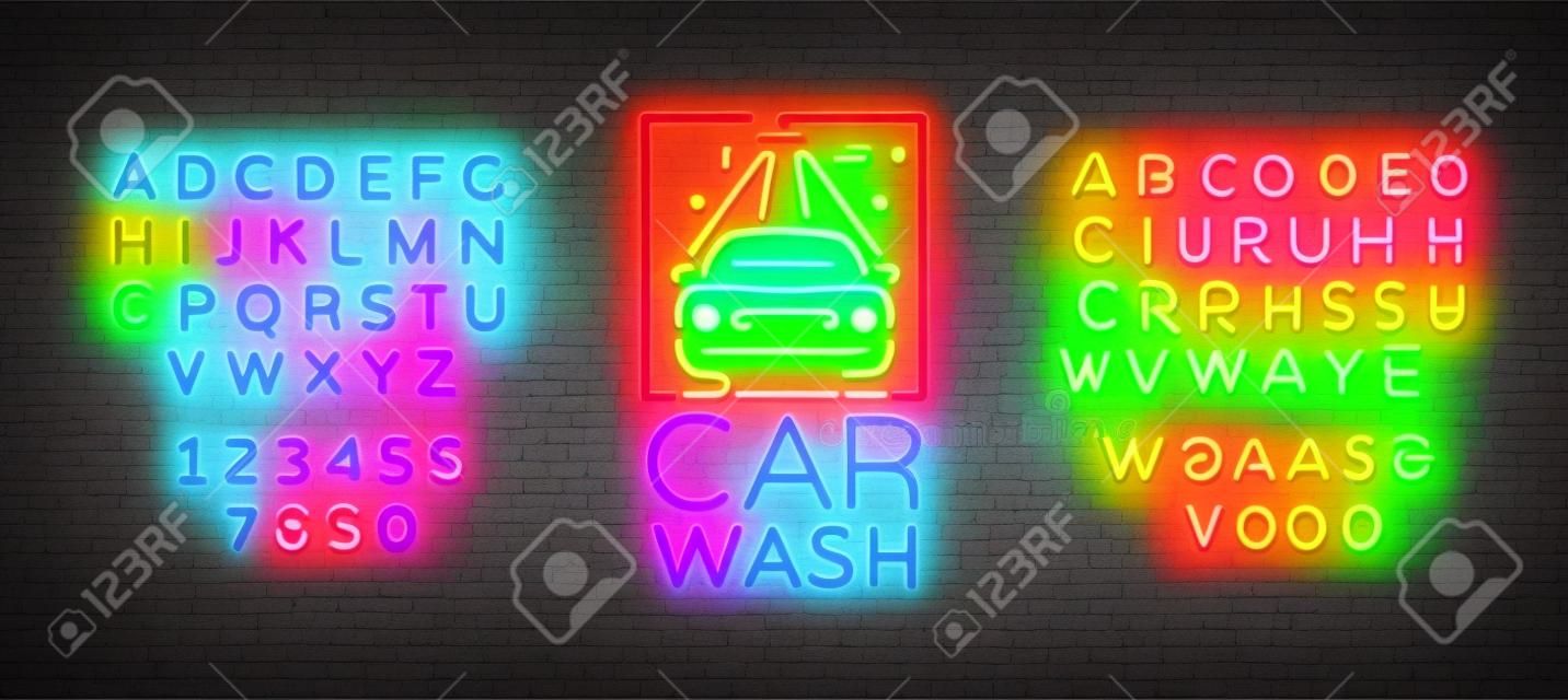 Car wash logo design emblem in neon style vector illustration. Template, concept, luminous sign on the theme of washing cars. Editing text neon sign. Neon alphabet