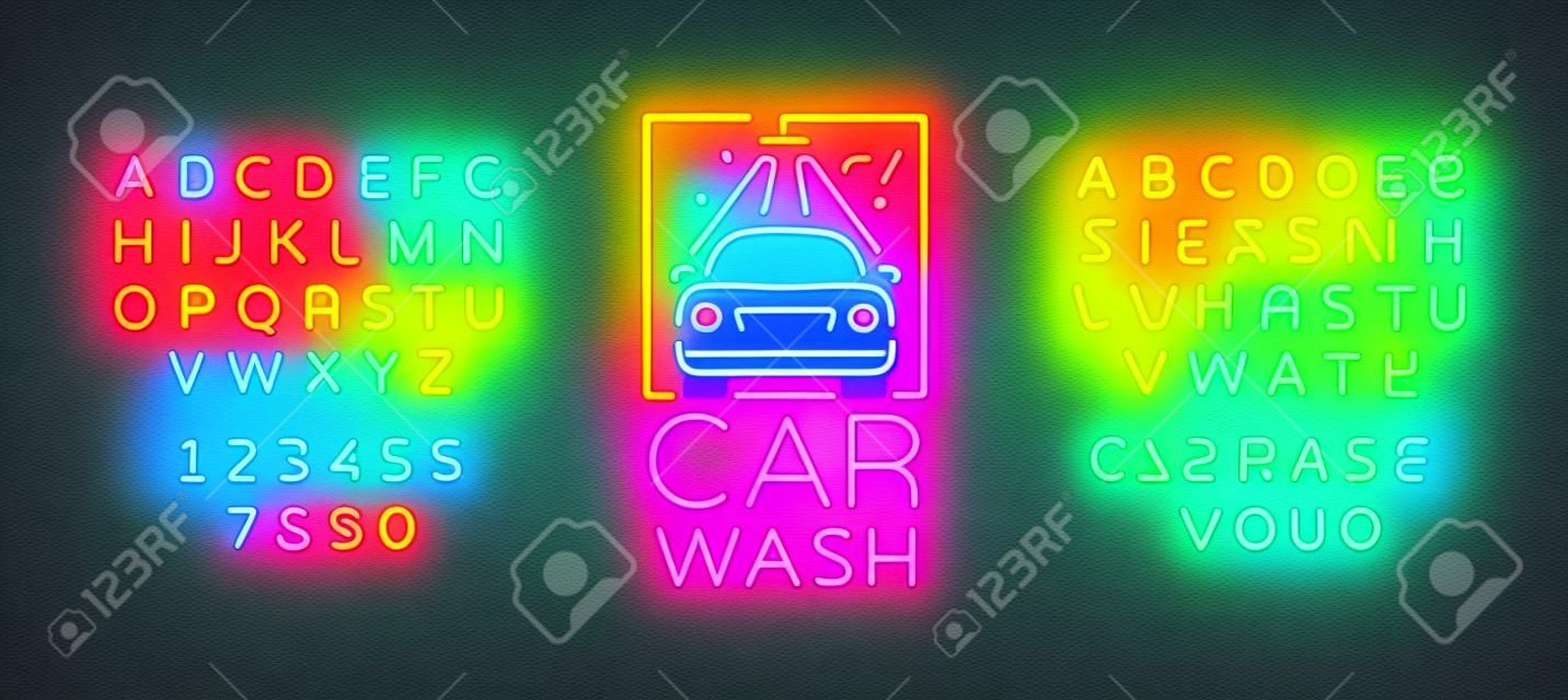 Car wash logo design emblem in neon style vector illustration. Template, concept, luminous sign on the theme of washing cars. Editing text neon sign. Neon alphabet