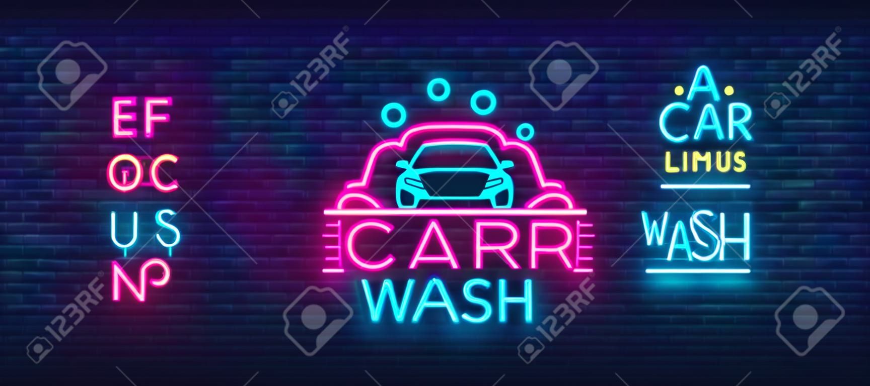 Car wash logo vector design in neon style vector illustration isolated. Template, concept, luminous signboard icon on a car wash theme. Luminous banner. Editing text neon sign. Neon alphabet