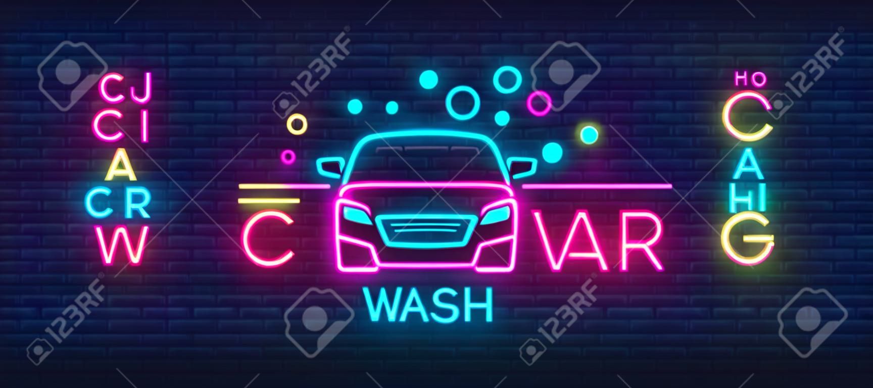 Car wash logo vector design in neon style vector illustration isolated. Template, concept, luminous signboard icon on a car wash theme. Luminous banner. Editing text neon sign. Neon alphabet