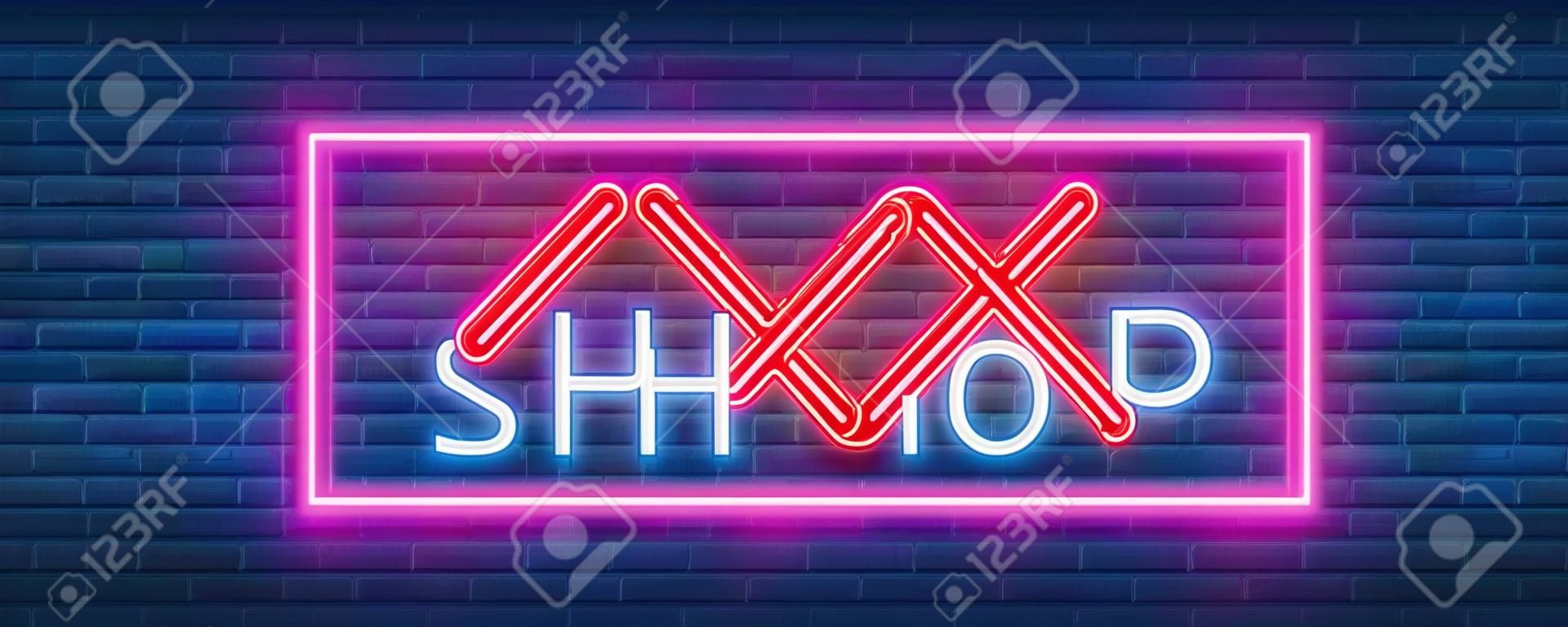 Adult shop logo, night sign in neon style. Neon sign, a symbol for  adult shop promotion. Adult Store. Bright banner, nightly advertising. Vector Illustration. Editing text neon sign. Neon alphabet