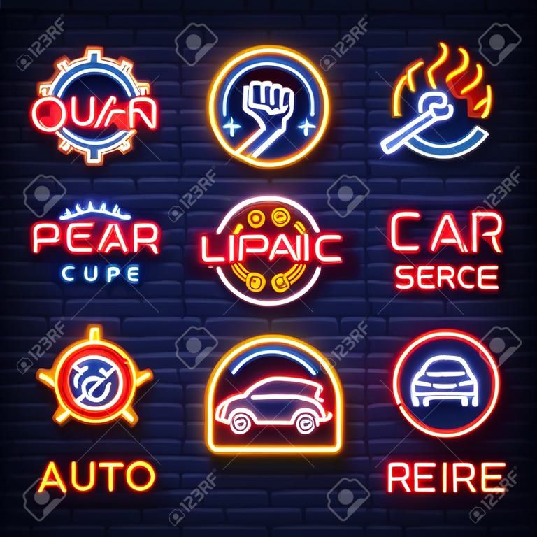 Auto service repair collection of logo in neon style. Set of neon sign, symbol on the topic of repairing cars. Emblem, bright banner sign, night bright advertising of auto repair. Vector illustration.