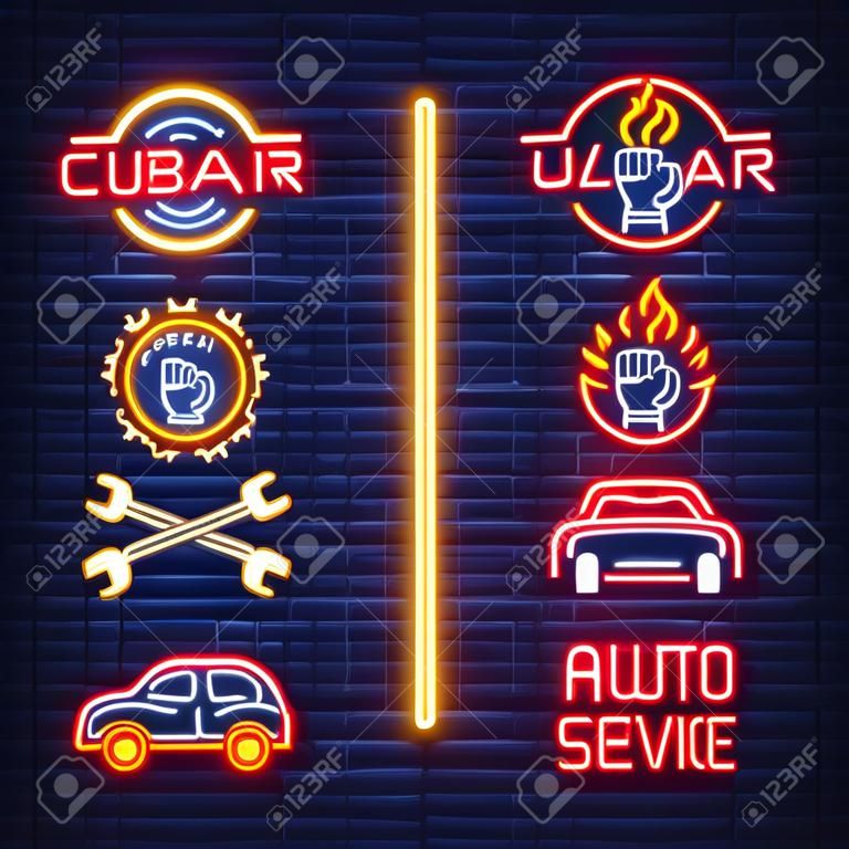 Auto service repair collection of logo in neon style. Set of neon sign, symbol on the topic of repairing cars. Emblem, bright banner sign, night bright advertising of auto repair. Vector illustration.