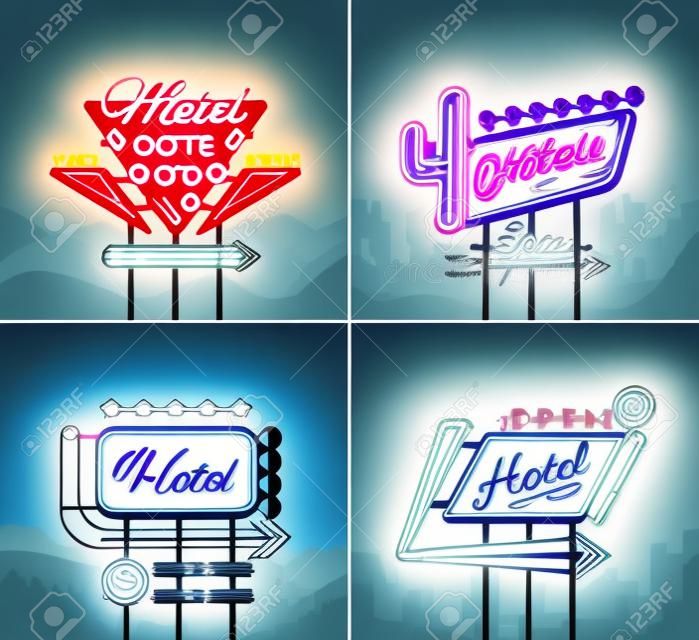 Hotel and Motel are collection of neon signs. Vector illustration. Collection of Retro signboards.
